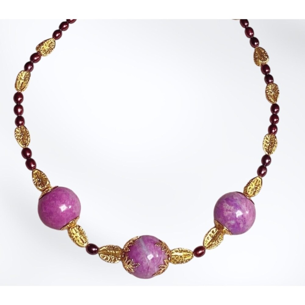 Purple Dyed Agate Stone Beaded Statement Necklace Chunky Goldtone Artisan Unique